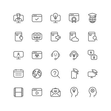 Outline style ui icons education and school class collection. Vector black linear icon illustration set. Online training course, library symbol. Design element for global university, college