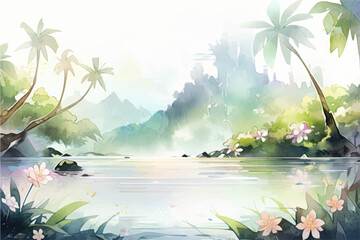 Tropical watercolor plants and flowers, summer holiday landscape banner