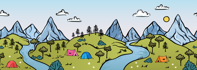 Cute hand drawn landscape with mountains, tents, trees, hills. Simple illustrated landscape, adventure - great for banners, wallpapers, cards. © TALVA