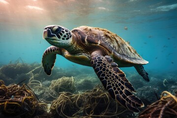 Fototapeta premium Sea turtle swimming in the polluted ocean, fishing net and plastic