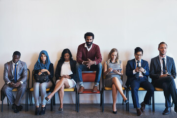 Fototapeta premium Recruitment, group and stand out person waiting, job interview and hiring opportunity in business. Portrait, people and work recruiting success or career, human resources and resume application