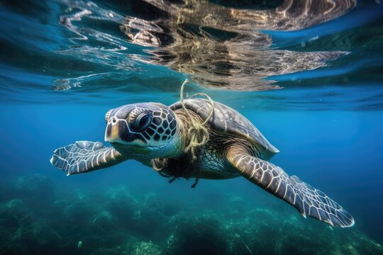 Sea turtle swimming in the polluted ocean, fishing net and plastic