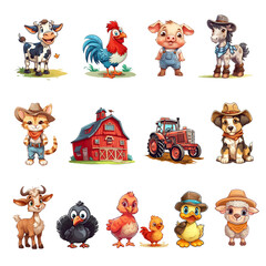 Set of cartoon farm animals clipart. Generative AI.