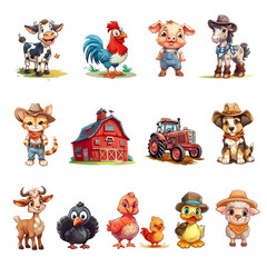 Fototapeta premium Set of cartoon farm animals clipart. Generative AI.