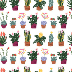 White variety of aligned Succulents seamless vector pattern. Floral pattern with blooming succulents. Spring pattern with blooming flowers.