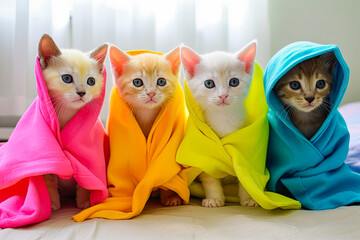 Fototapeta premium Cute cats dressed in colorful capes, generative ai