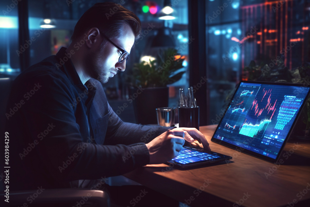 Poster businessman or broker with tablet and dashboard working late on technology checking digital trends, 