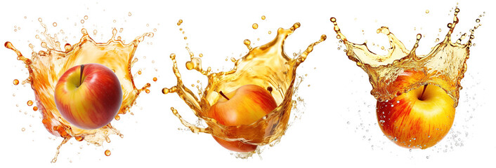 fresh, ripe apple with dynamic apple juice splash variations on transparent background