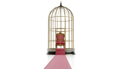 3D render of red carpet leading to a king throne armchire inside a golden cage