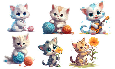 Obraz premium watercolor set of cute cats, transparent background, generated ai