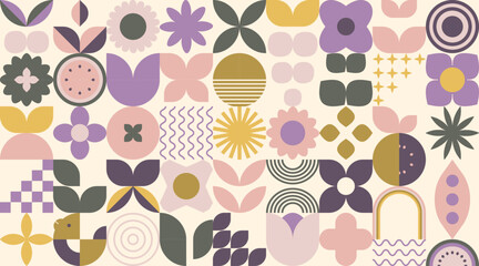 Geometric minimalist Spring / Summer posters. Modern soft bauhaus inspired shapes, primitive blocks swiss style. Trendy flowers and crops art templates.
