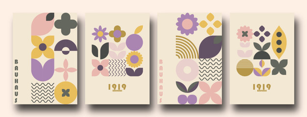 Geometric minimalist Spring / Summer posters. Modern soft bauhaus inspired shapes, primitive blocks swiss style. Trendy flowers and crops art templates.