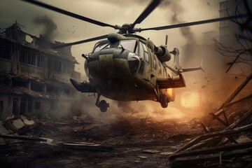 a Helicopter flying above ruined city, aerial view of warzone