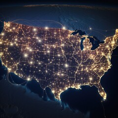 A satellite image of Earth at night shows the bright lights of cities in the United States.