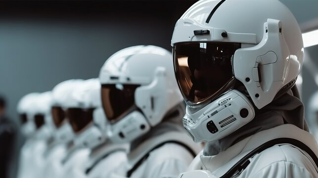 Futuristic space army in space suits, cinematic. Generative Ai