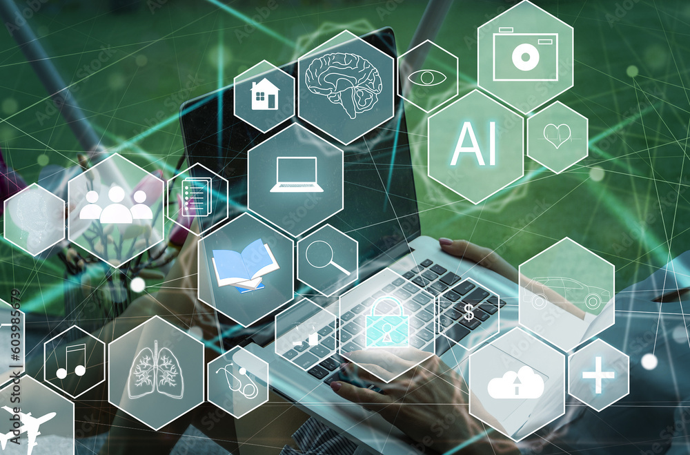 Aufkleber manager technical industrial engineer working and control robotics with monitoring system software a