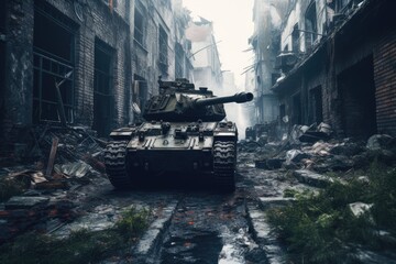 a Tank driving through ruined city