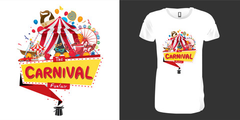 The carnival funfair t-shirt design, typography, vector illustration, carnival, print ready, holiday, front view, printable tee, editable