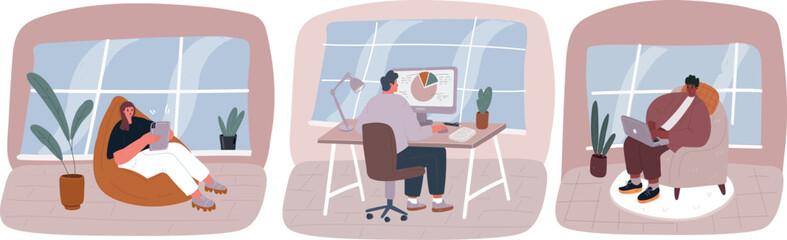 Vector illustration of Working at home. Young people, mаn and womаn freelancers working on laptops and computers at home. Colleagues in office. Coworkers relaxing, chatting cartoon characters