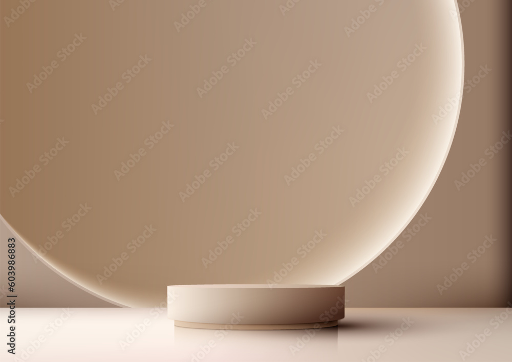 Poster 3d realistic modern style empty beige podium with circle backdrop on brown background