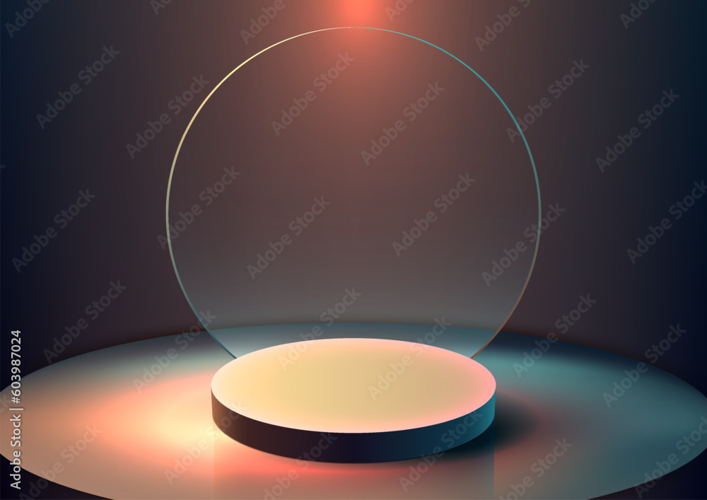 Poster 3d realistic empty podium platform with transparent glass circle backdrop on dark background with li