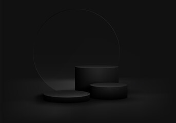 3D realistic group of empty black cylinder podium stand with transparent glass circle backdrop on dark background