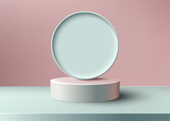 3D realistic empty pink podium stand with blue circle backdrop minimal wall scene on pink pastel color background