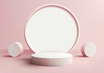 3D realistic empty white podium pedestal stand with circle backdrop decoration with geometric elements on pink background