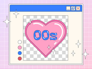 Trendy Y2k illustration of a retro computer window with cute pink heart, retro postcard, banner in 2000s aesthetic.