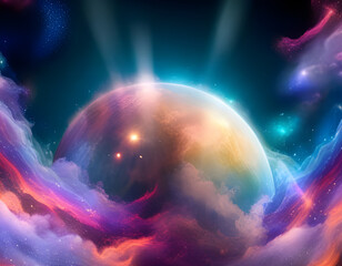 Obraz na płótnie Canvas Colourful starburst above multicoloured cloudscape. Concept of Cosmic Energy, divine presence, healing and spiritual jorney. Digital illustration. CG Artwork Background