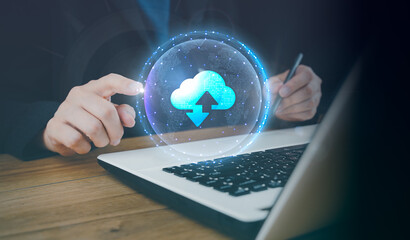 Man use Laptop with cloud computing diagram show on hand. Data storage technology. Networking and internet service concept. Information digital wireless cyberspace, futuristic virtual software develop