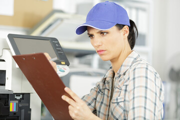 female worker is reading a clipboard