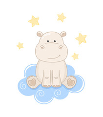Naklejka premium Cute hippo on a cloud, isolated on a white background with yellow small stars. Little smiling hippopotamus, tiny sitting behemoth. Vector illustration for greeting card, poster and print for t-shirt