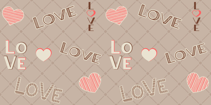 Fototapeta Red striped hearts and brown inscriptions love on a beige checkered background. Valentine's day and wedding endless texture with words. Love concept. Vector seamless pattern for surface texture, print