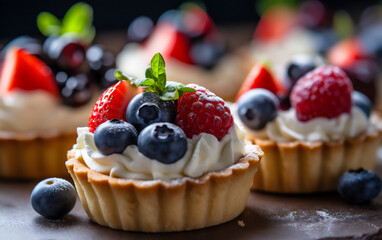 Strawberry and Berries vanilla cream cheese tarts over wooden table, Macro photography, Food Photography
