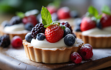 Strawberry and Berries vanilla cream cheese tarts over wooden table, Macro photography, Food Photography