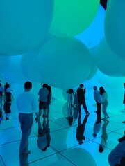 Grande salle remplie de grands ballons gonflables, fortement colorés de différentes couleurs, avec des personnages, plongés dans un univers sombre, flou, magique et envoûtant, musée numérique, teamlab