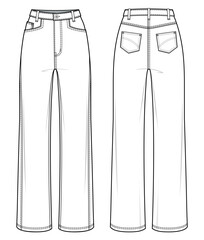 High-rise straight-leg jeans flat technical drawing template. High-rise long jeans with Slim fitting illusion seam. jeans technical fashion Illustration, front and back view, white, CAD mockup set.