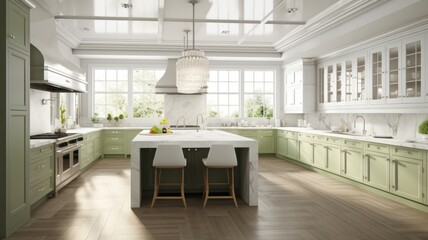 Modern spacious kitchen. The combination of white and pistachio colors, natural wood flooring, large windows. Kitchen island with large work area. Comfortable work space Generative AI