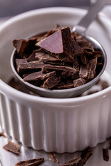Chocolate broken into pieces in a ceramic bowl
