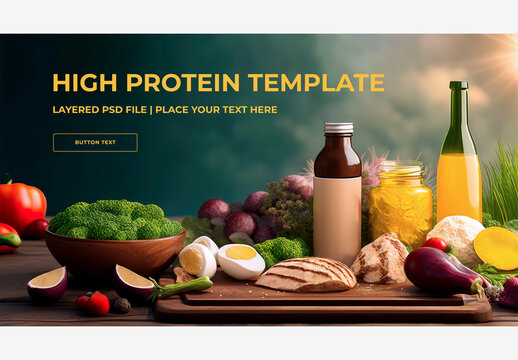 Delicious Spread: Table Filled with Food, Bottles, and Vegetables, Plus Fresh Eggs, Broccoli, Tomatoes, and Knife on Wooden Cutting Board High Protein, Mockup, Template Generative AI