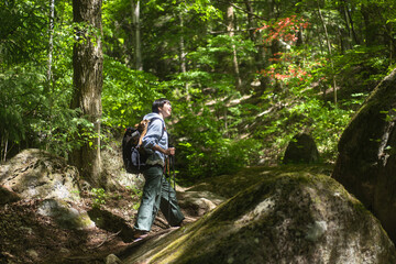 Obraz premium 新緑の山を登山する若い日本人女性