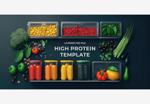 Vibrant Display Of Fruits and Vegetables on Blue and Black Backgrounds with White and Black Borders - Food Bloggers and Health Conscious Content Creators, High Protein, Mockup, Template, Generative AI