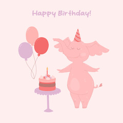 Birthday card template. Cute and happy elephant staying close to birthday cake and balloons. Happy Birthday text. Vector illustration