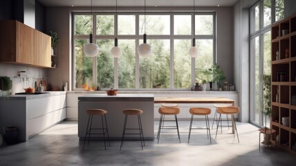 Modern spacious minimalistic kitchen with loft elements with large panoramic windows. Dining area, table and chairs. Combination of wood and concrete. Comfortable living space. Generative AI