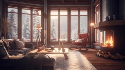 A cozy living room in a wooden chalet with a burning fireplace, a soft sofa and a fluffy carpet. Amazing view of the mountains and winter woods. Rest and relaxation. Generative AI