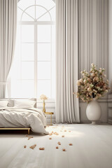 Enchanting Atmosphere: Golden Ratio Composition of a Beautiful White Room with Elegant Curtains and Dreamy Ambiance