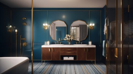 Luxurious bathroom in classic Art Deco style, dark blue walls, marble sinks, gold-framed mirrors, gold-plated fittings, free-standing bathtub. Modern classic interior. Generative AI