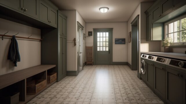 Spacious laundry room in a contemporary home with monochrome finishes in white, gray and black. Washer and dryer, sink and many cabinets. Generative AI