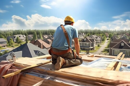 A male roofer repairs the roof. Generative AI